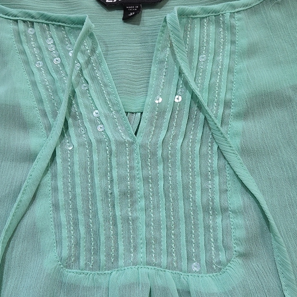 Express Mint Sequin Sheer Chiffon Rolled Cuff Boho Peasant Top Size XS - Picture 3 of 11